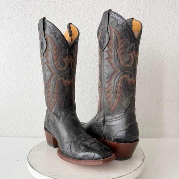 Rod Patrick Mens Cowboy Boots 10 AA Black Caiman & Calf Leather Soles French Toe - Picture 1 of 13